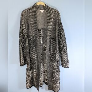 J. Jill Black/Pale Gray Geometric Print Long Wool Blend Open Sweater